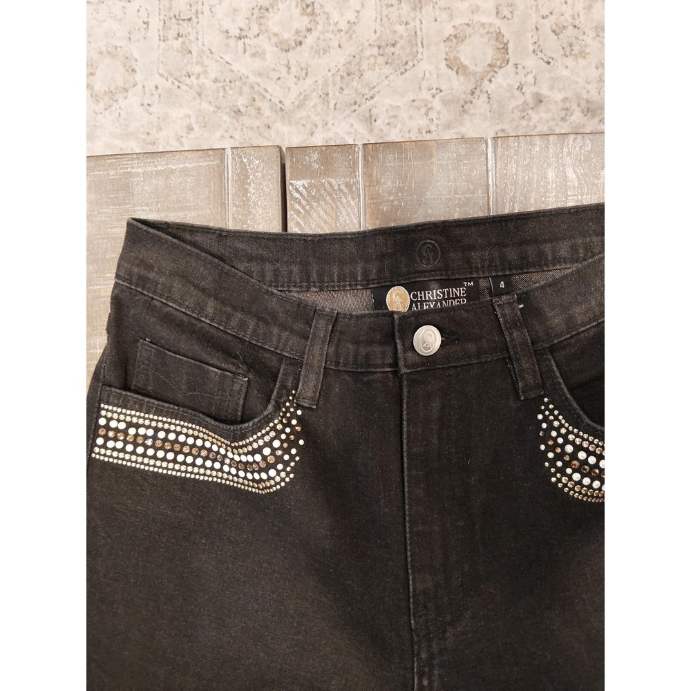 Christine Alexander Black Swarovski Crystal Embellished Flare Jeans Womens 4 NEW